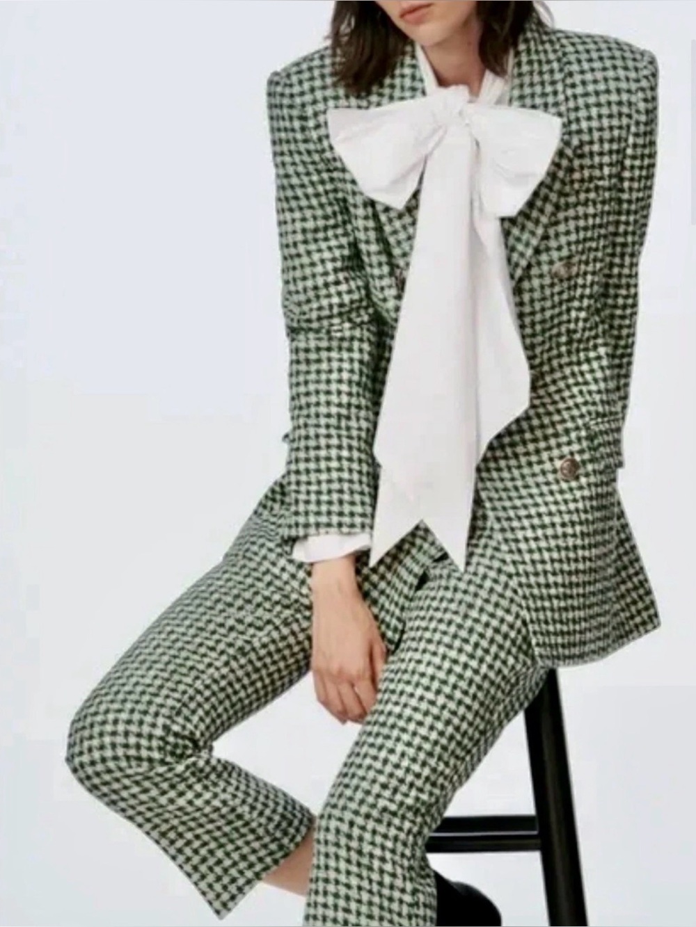 Zara Textured Houndstooth Blazer Green White Double Breasted Jacket Women Large